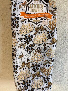Halloween Leopard Ghost Bow Kitchen Towels Set of 3 18x28 Cotton Gauze NWT